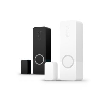 Schwarzer und weißer Hue Secure Kontaktsensor auf weißem Hintergrund